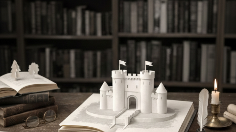 On y voit plusieurs livres ouverts dont un avec un château à l'intérieur