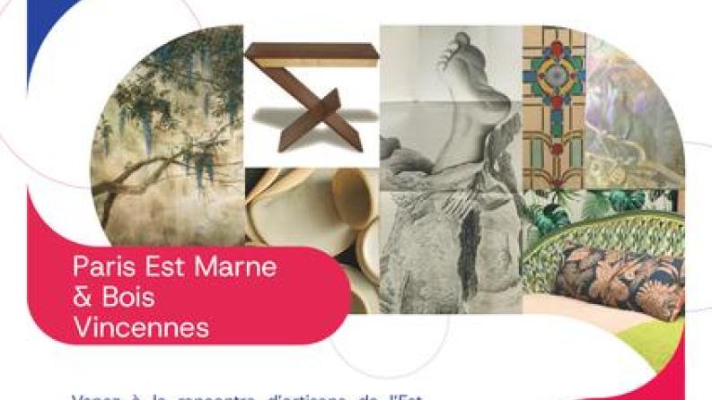 une affiche bleu blanche et rouge avec un pèle mèle d'ouvre d'art