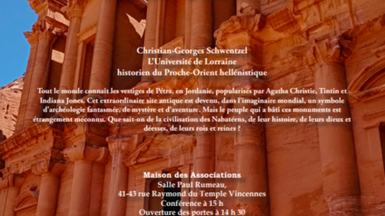 affiche de la conférence, en fond une photo de bâtiments anciens