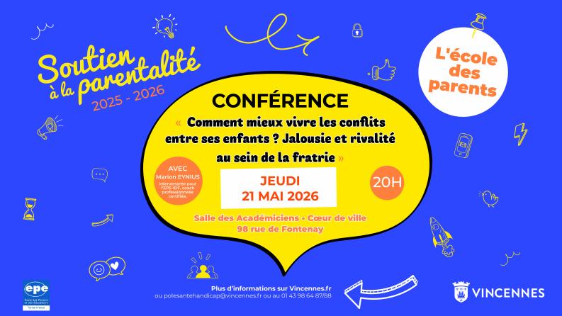 affiche en bleu avec une grosse bulle de parole jaune