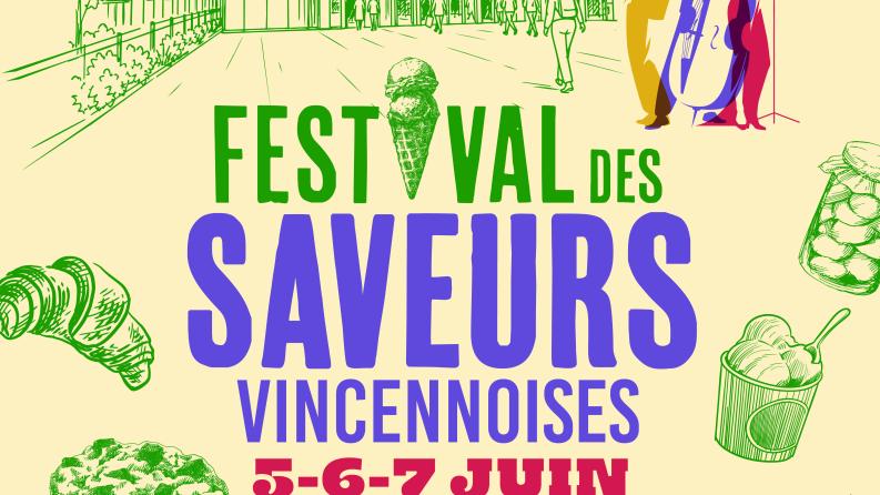 affiche illustrant la gare de vincennes avec des passant et des illustration de nourriture