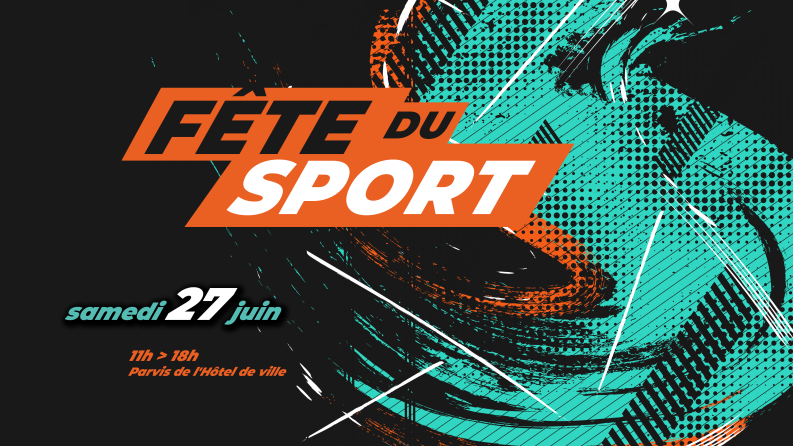 Fête du sport écrit en gros avec un fond vert d'eau et noir
