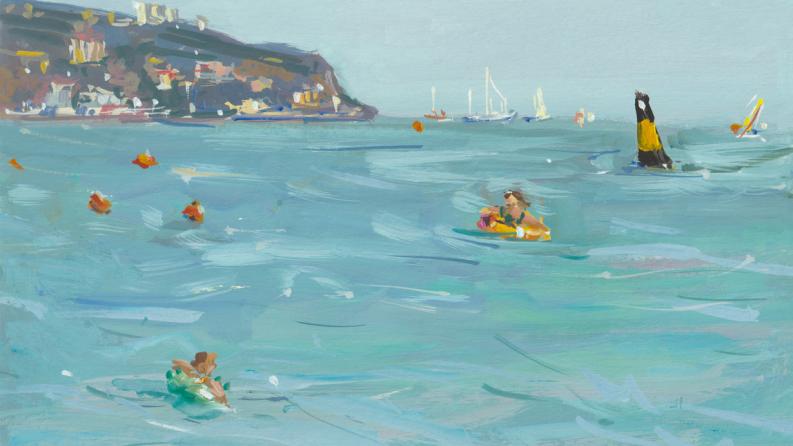 Plage mer été gens gouache peinture.