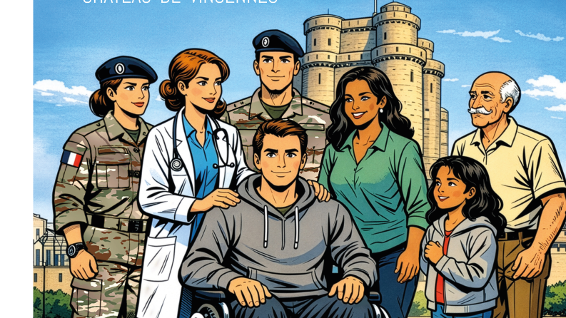 On y voit des personnages illustrés devant la château