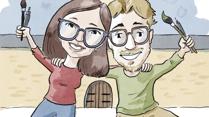 Illustration deux deux personnes tenant des pinceaux devant le Château de Vincennes