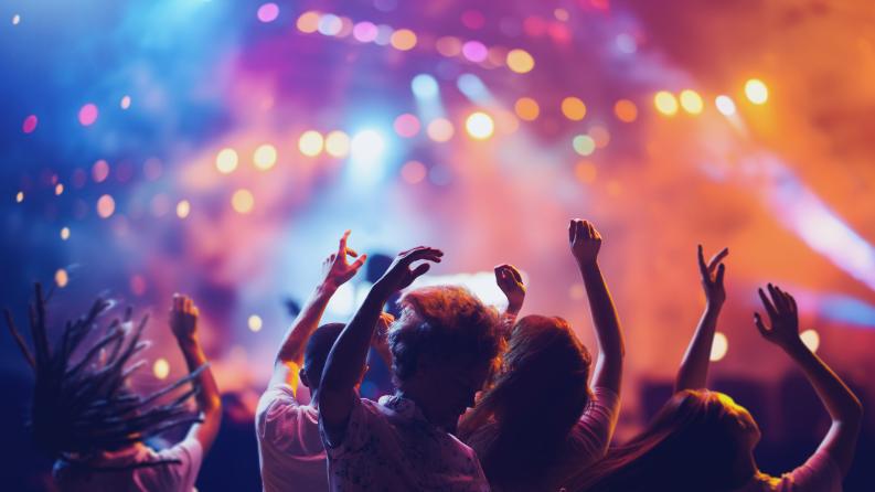 on y voit des gens de dos qui s'amusent dans un festival