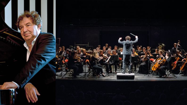 Un collage de deux photos, d'une part un homme d'un certaine âge, de l'autre un orchestre d'artistes à vent 