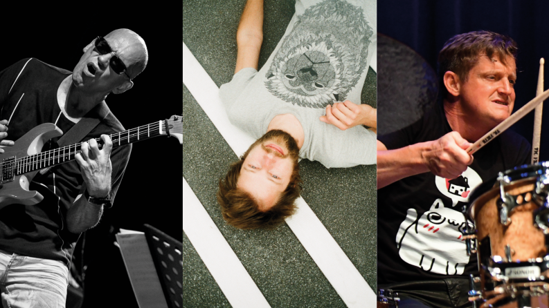 Collage de trois photos d'artistes jouant des instruments de musique