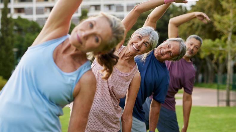 Groupe mature multiethnique de personnes pratiquant des étirements au parc