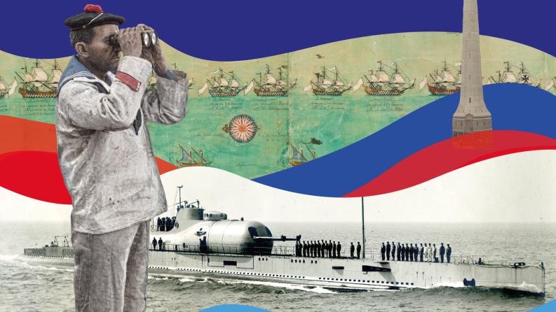 affiche officielle de l'exposition avec un homme se tenant debout et regardant au loin à travers des jumelles