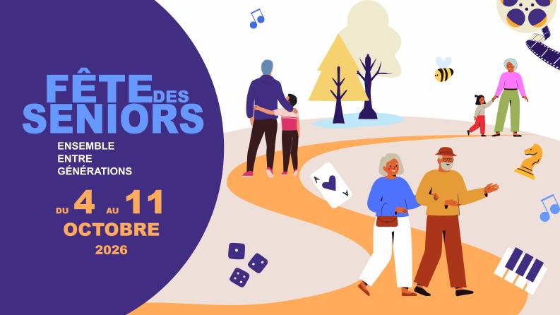 affiche fête des seniors avec des illustrations de personnes dans une allée colorée