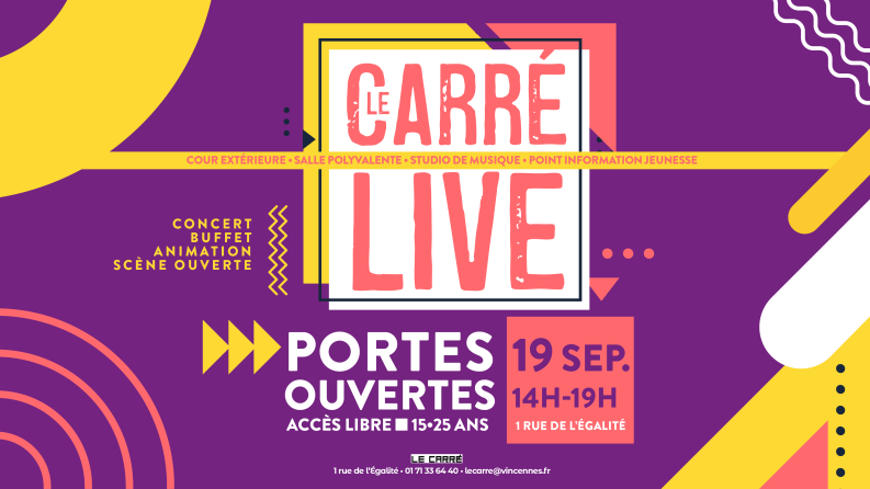 une affiche avec un fond violet on y voit carré live écrit en gros 
