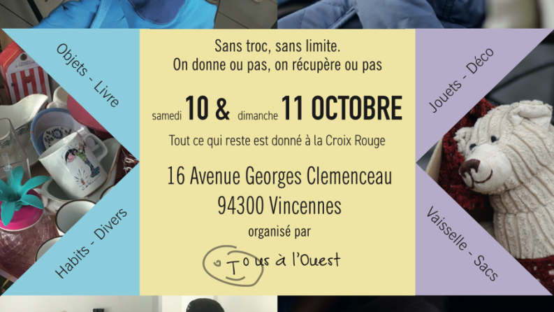 image illustrant un braderie avec des formes en couleurs et des photos de vêtements et autres