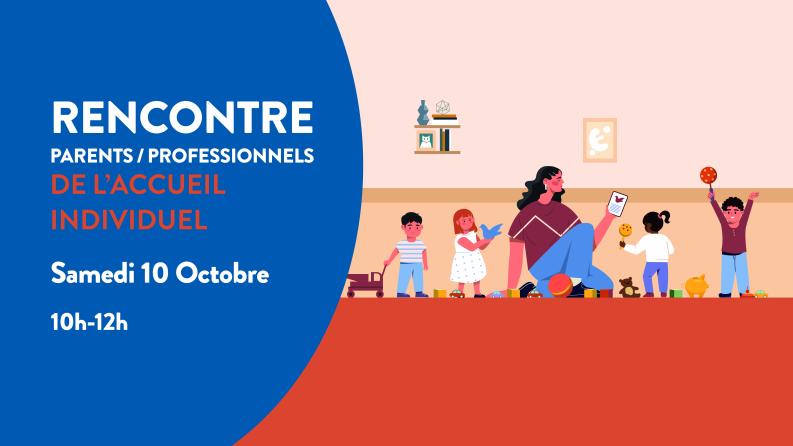 affiche d'une rencontre parents professionnel avec une assistante maternelle et des enfants en illustration