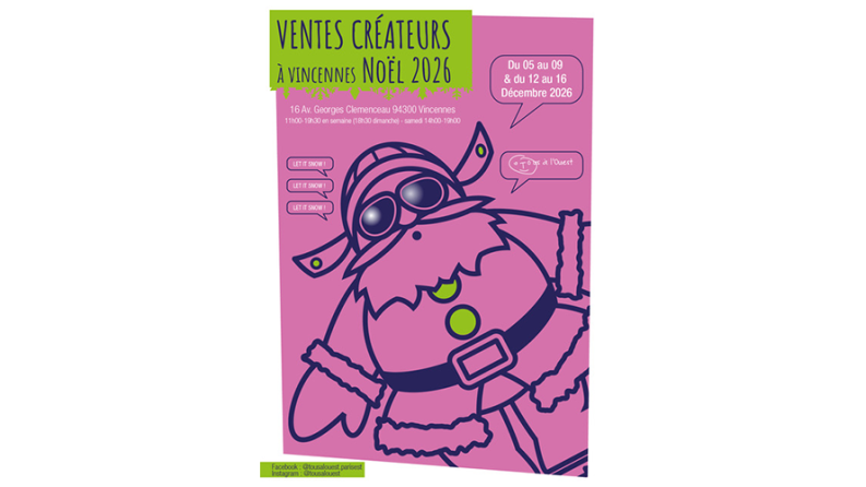 Affiche rose et verte des Ventes Créateurs de Noël 2026 à Vincennes, avec un Père Noël stylisé portant un casque à cornes et des lunettes de ski.