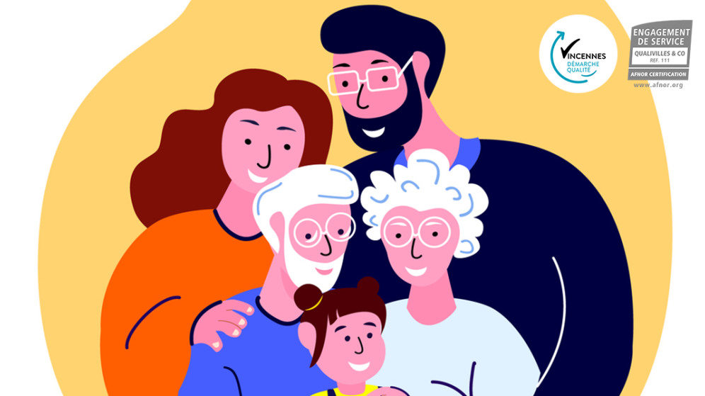 famille de deux générations en illustration et très colorée