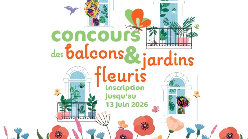 concours des balcons et jardins fleuris 2026 - visuel représentant des fleurs, jardins, fenêtres et balcons 