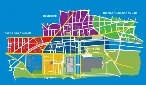 plan des quartiers de la ville par couleur