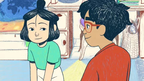 illustration d'une jeune fille portant un t shirt vert et un garçon mat de peau portant des lunettes