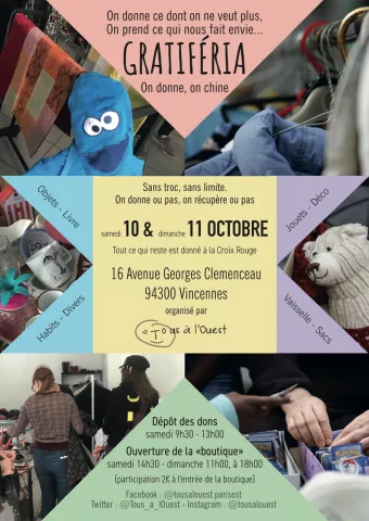 image illustrant un braderie avec des formes en couleurs et des photos de vêtements et autres