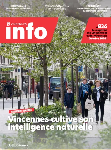 C'est la couverture du magazine municipal « Vincennes Info » n°836 d'octobre 2026, consacrée au changement climatique et à l'intelligence naturelle de la ville.
